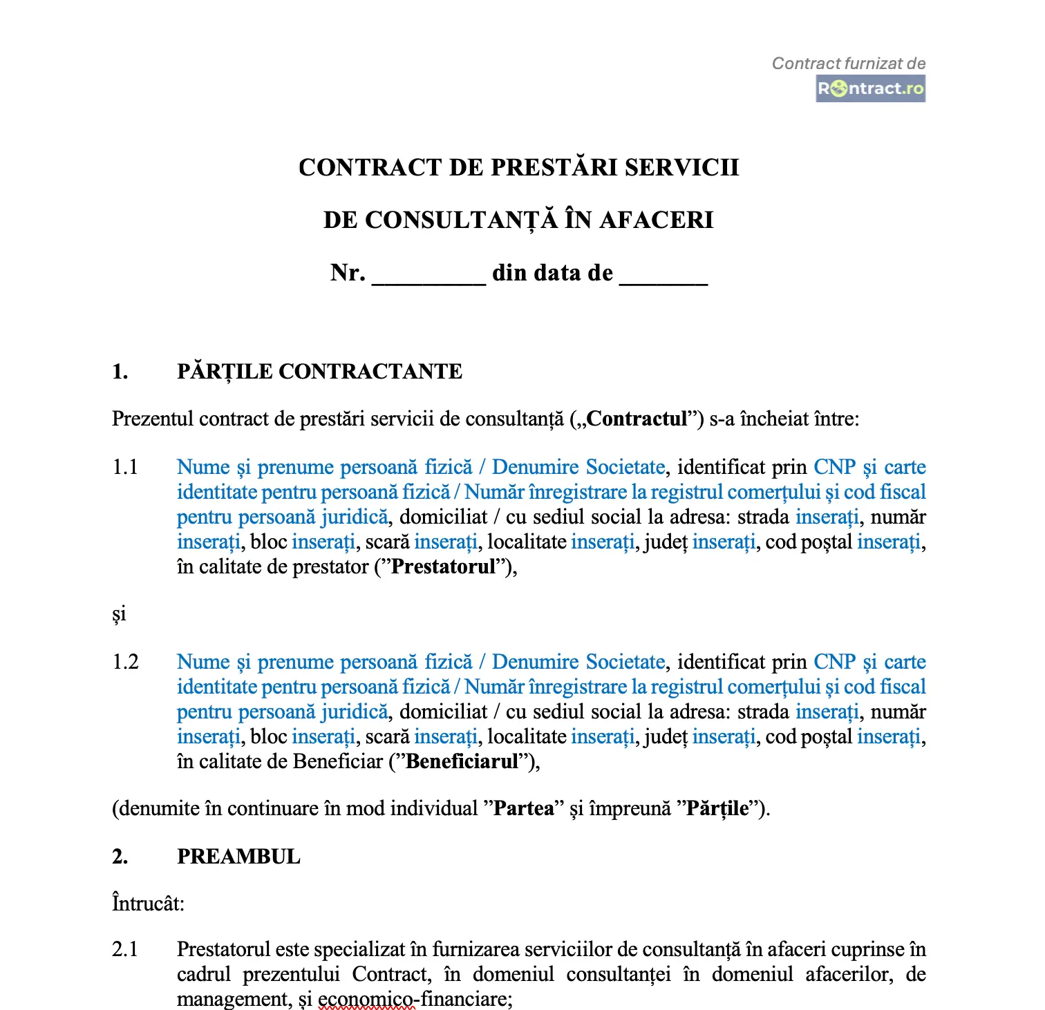 model contract consultanță afaceri