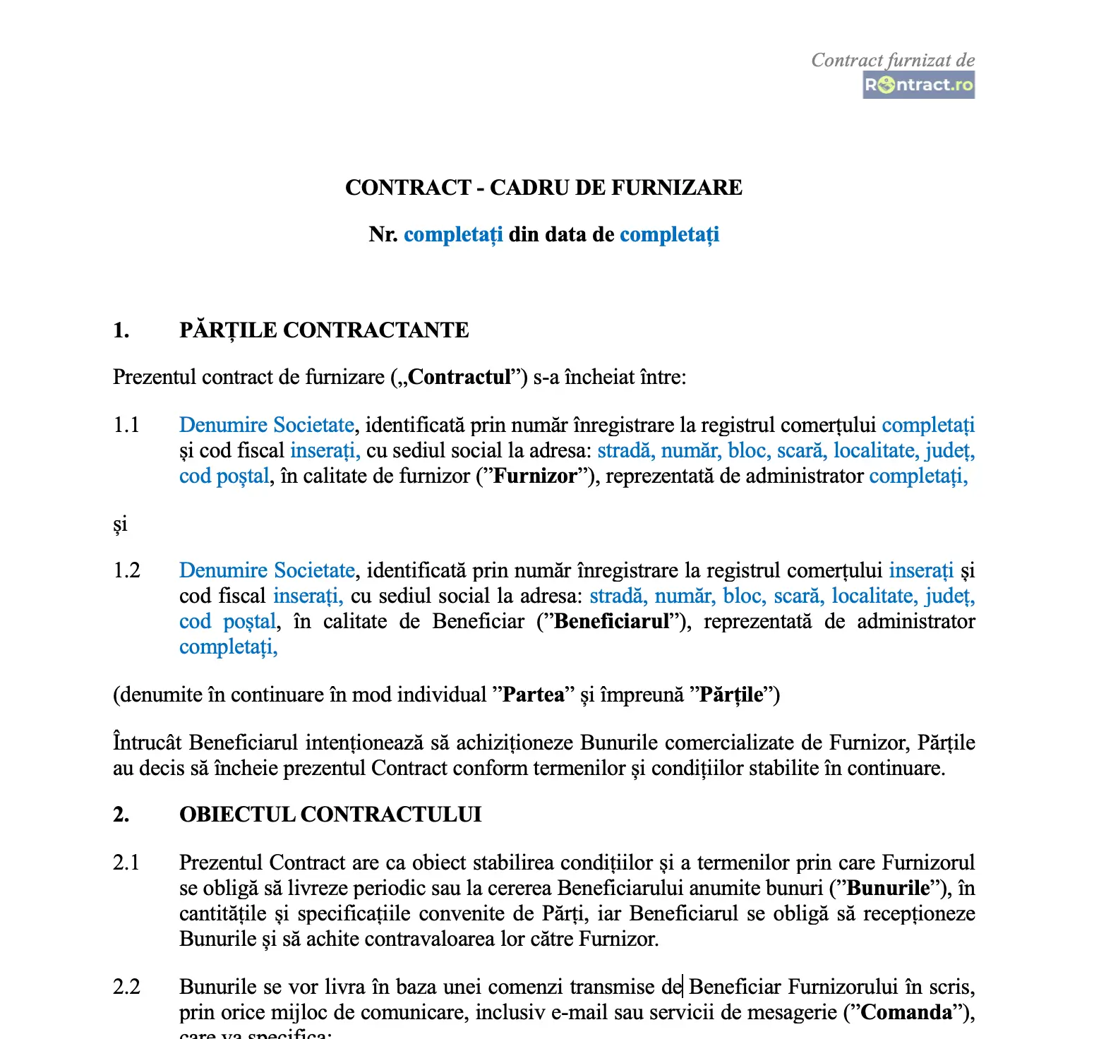 Contract cadru furnizare bunuri - livrare pe bază de comenzi