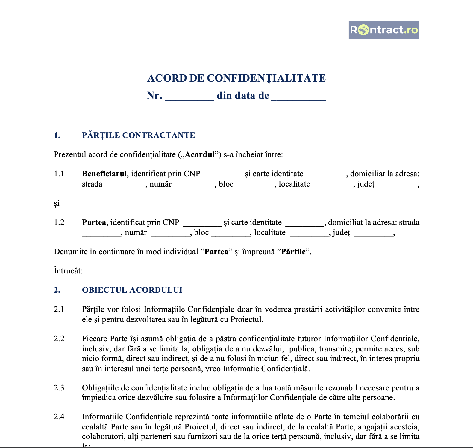 acord de confidențialitate NDA - extras