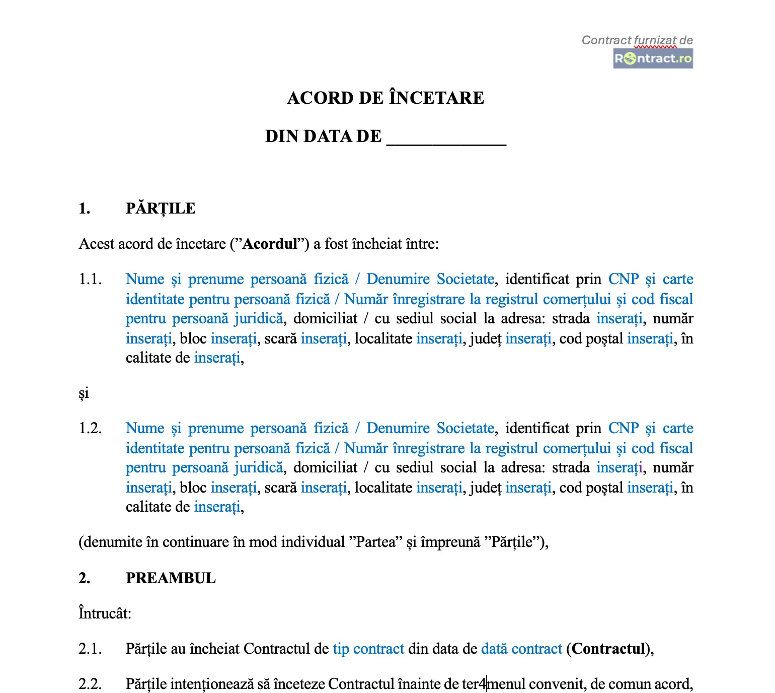 preview model acord încetare contract