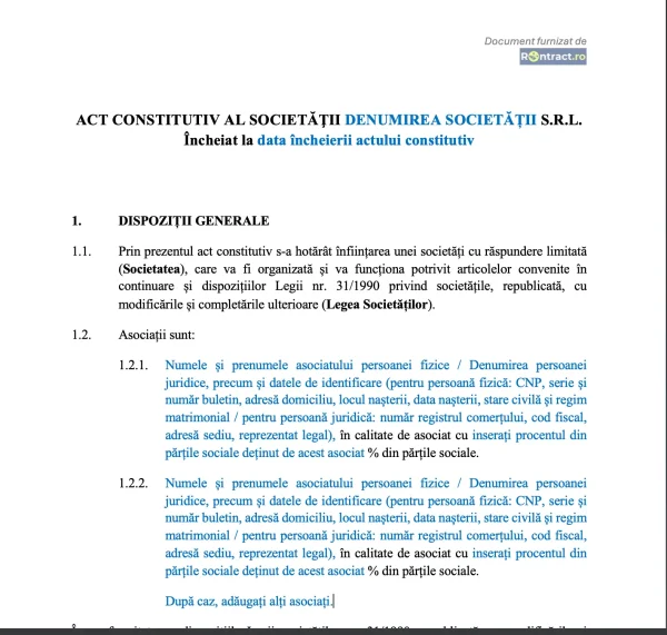 extras model act constitutiv SRL