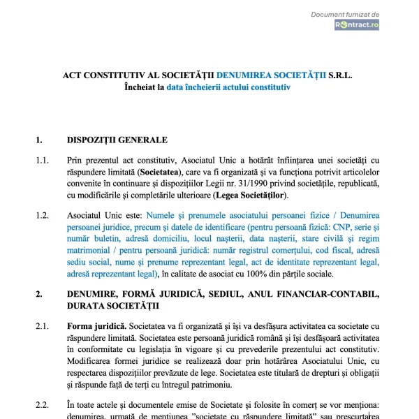 extras act constitutiv SRL asociat unic