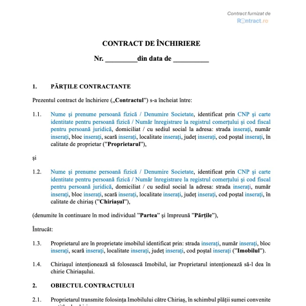extras model contract de închiriere