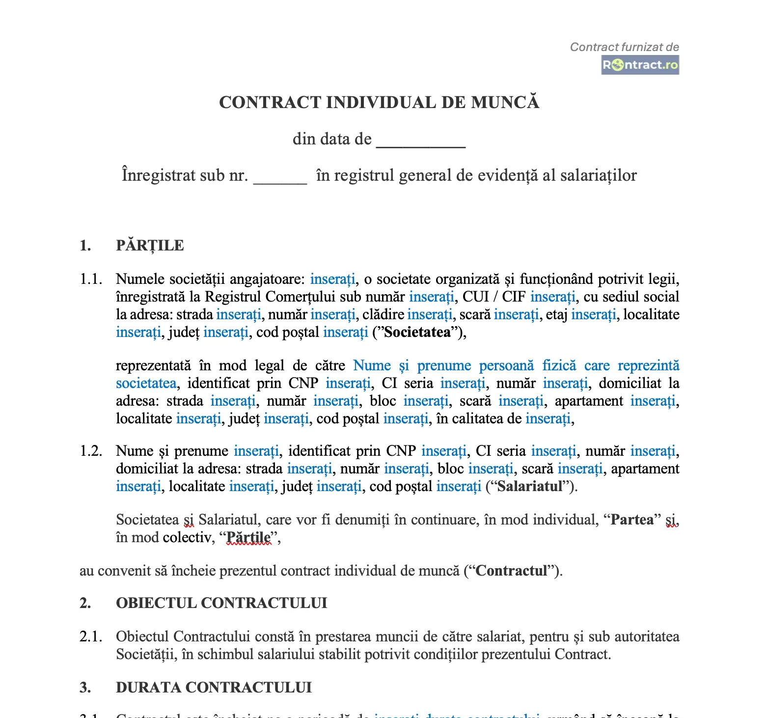 extras contract individual de muncă model