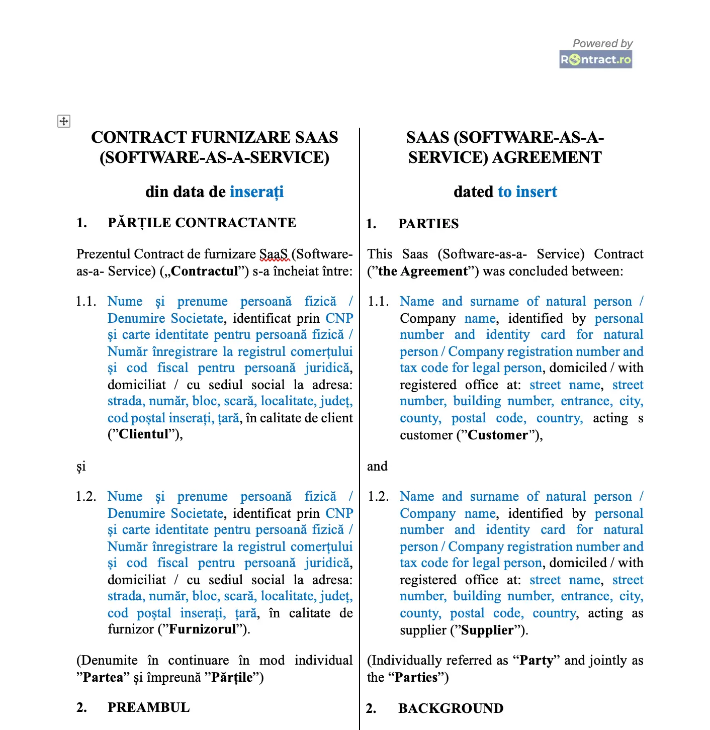 extras contract software furnizare SaaS bilingv