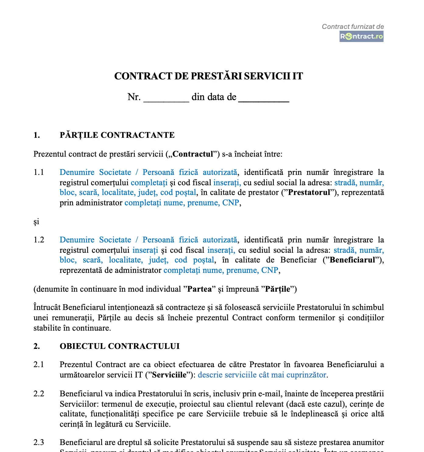 extras model contract prestări servicii IT