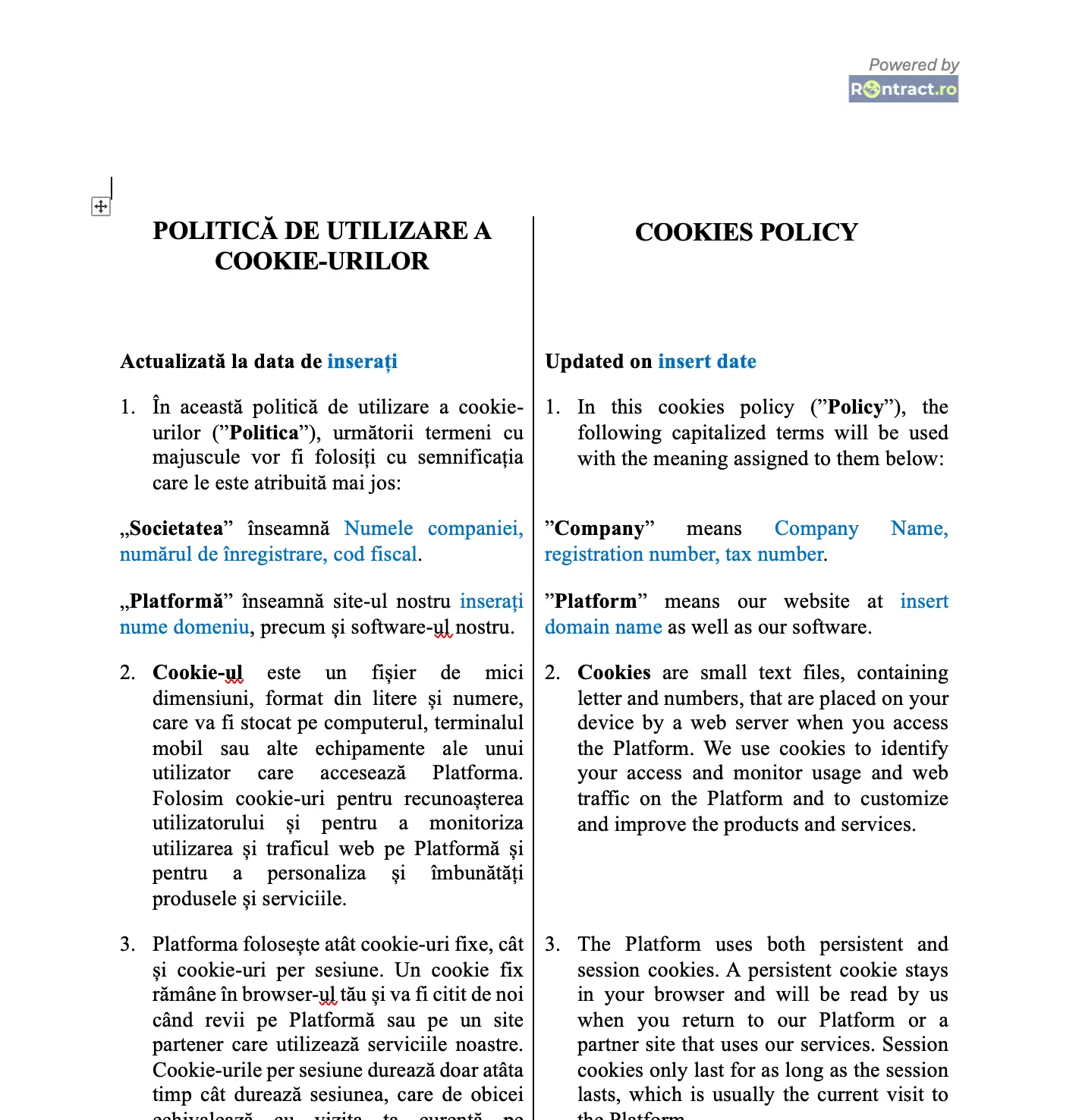 extras politică cookies GDPR bilingv