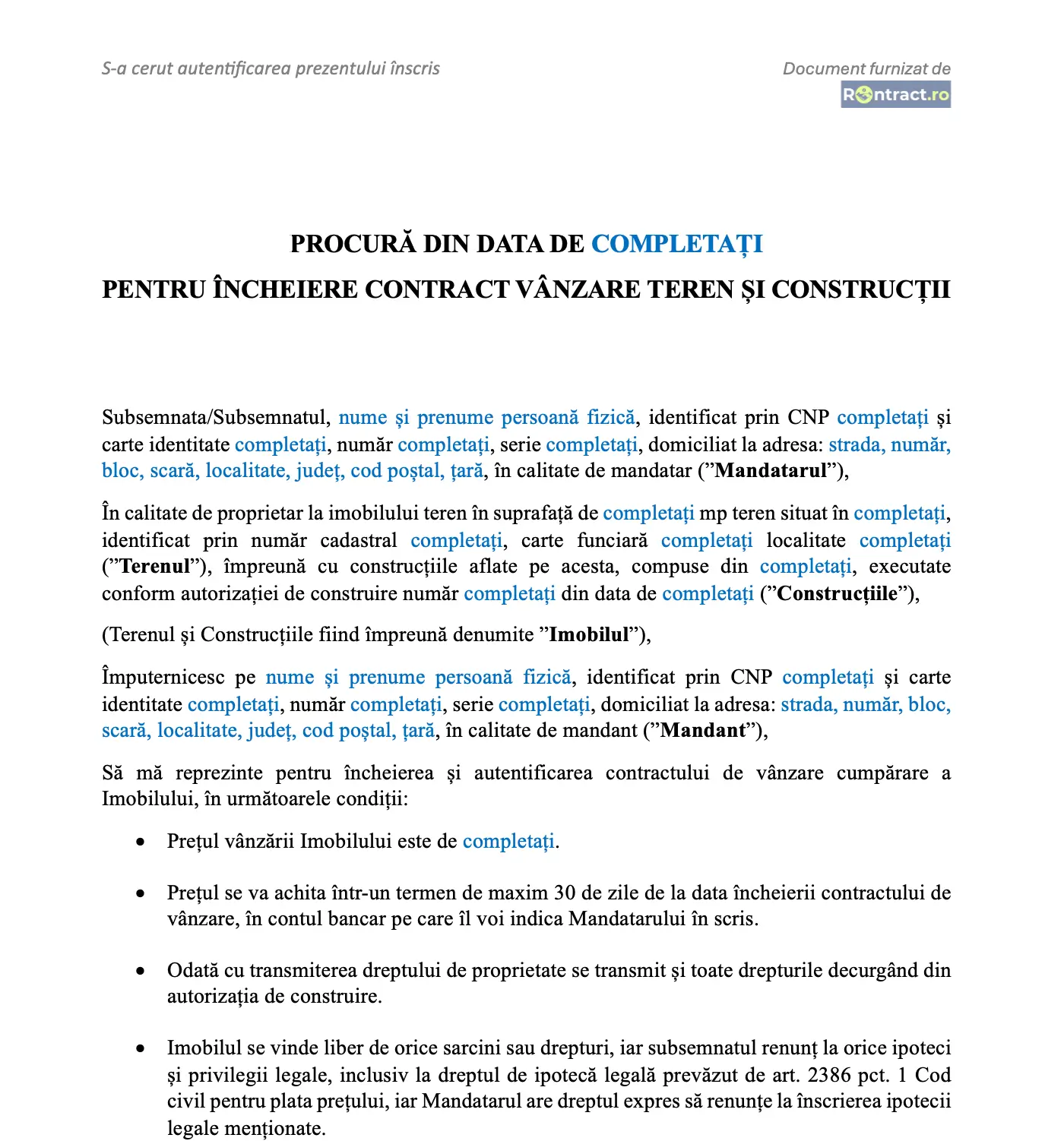 extras procură vânzare imobil