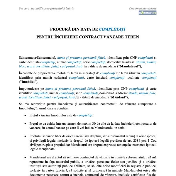 extras model procură vânzare teren