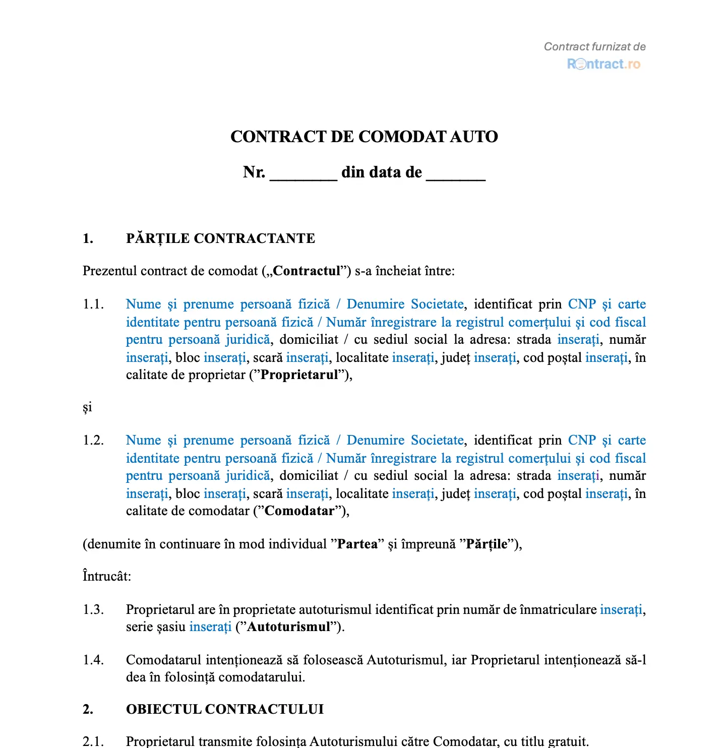 extras contract de comodat auto