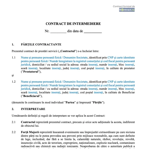 extras model contract de intermediere