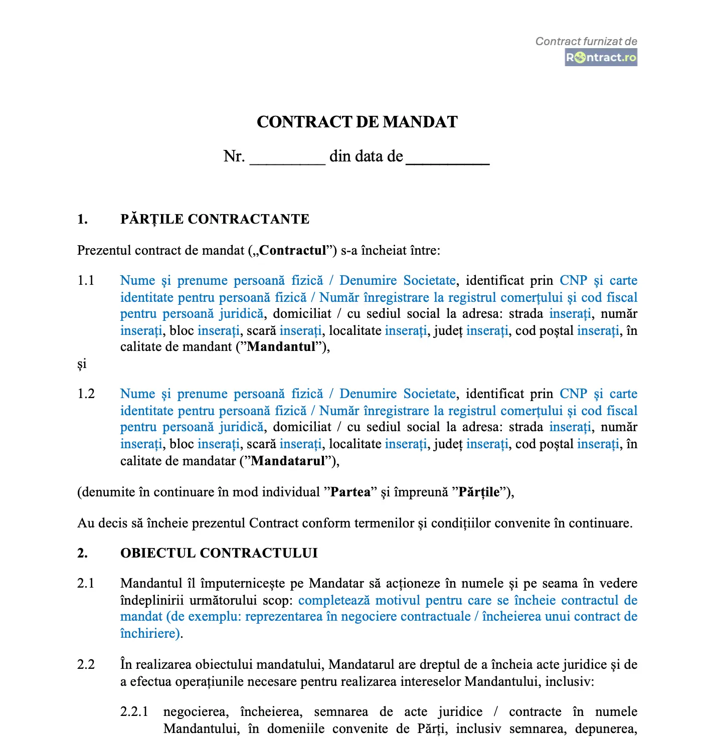 extras contract de mandat remunerat