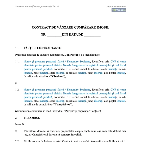 preview contract vânzare cumpărare imobil