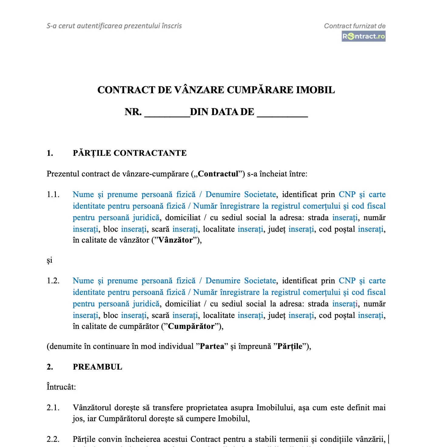 preview contract vânzare cumpărare imobil