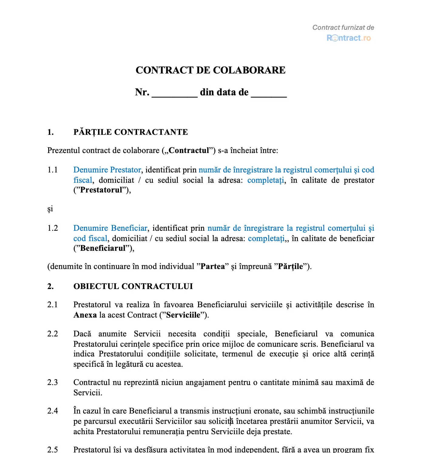 extras model contract de colaborare