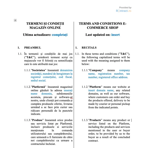 Termeni si conditii website in format bilingv